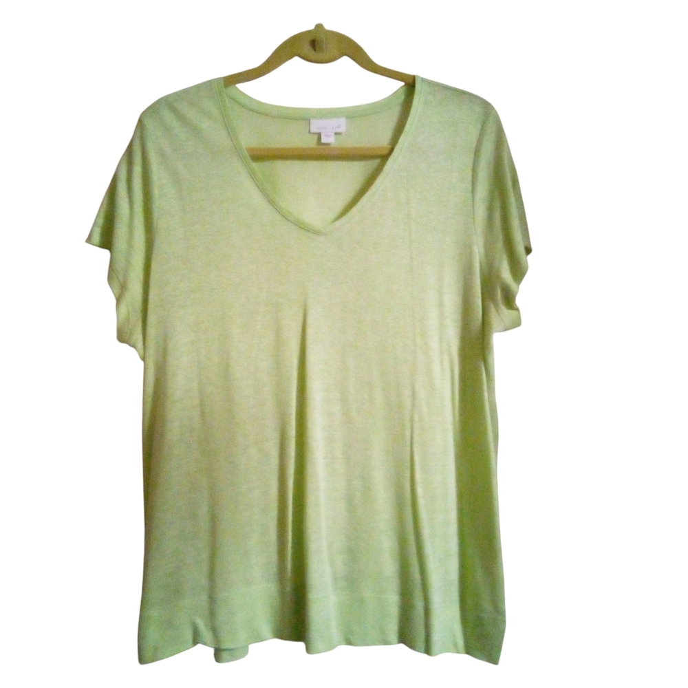 J. Jill Love Linen V-neck Lightweight Banded Hem Pullover Top Large Green